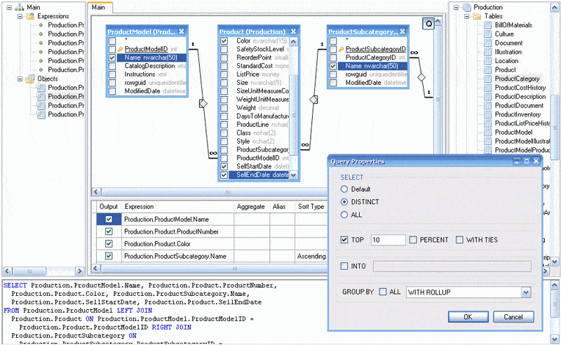 Active Query Builder enables to specify different join types and various server-specific query options visually.