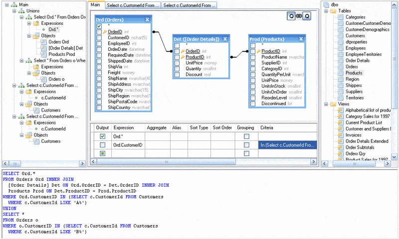 Unions, sub-queries, and derived tables can be accessed and built visually in Active Query Builder as easy as the main query.