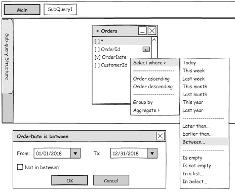 Performing actions with query columns right in the design pane