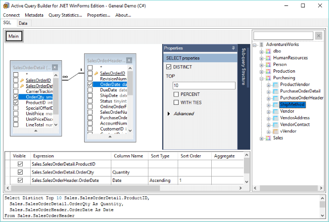 MS SQL Query properties in Active Query Builder for .NET
