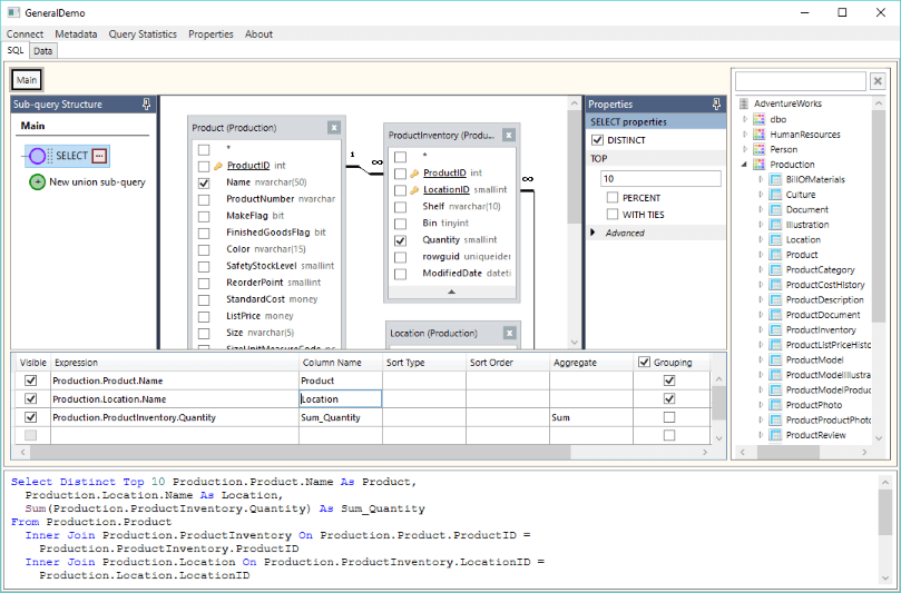 Sidebar panels to edit SQL query properties and manage sub-queries