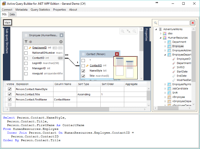 User interface improvements in Active Query Builder for .NET 3.4: easy addition of linked objects, search and filtration in field lists